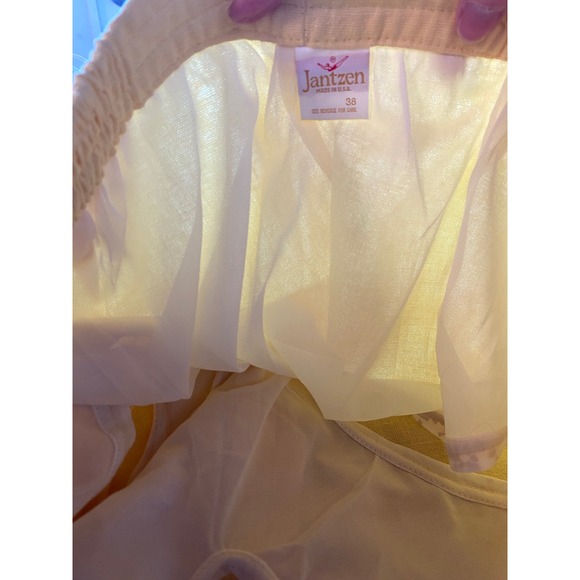 Vintage Jantzen Mens Yellow White Swim Trunks Lined Shorts 38 Linen Beach Pool - Picture 7 of 10